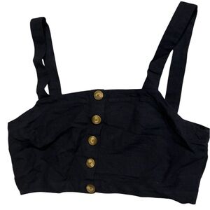 LOFT Buttoned Crop Top Womens Small Navy Blue W/ Tan Buttons And Smocking